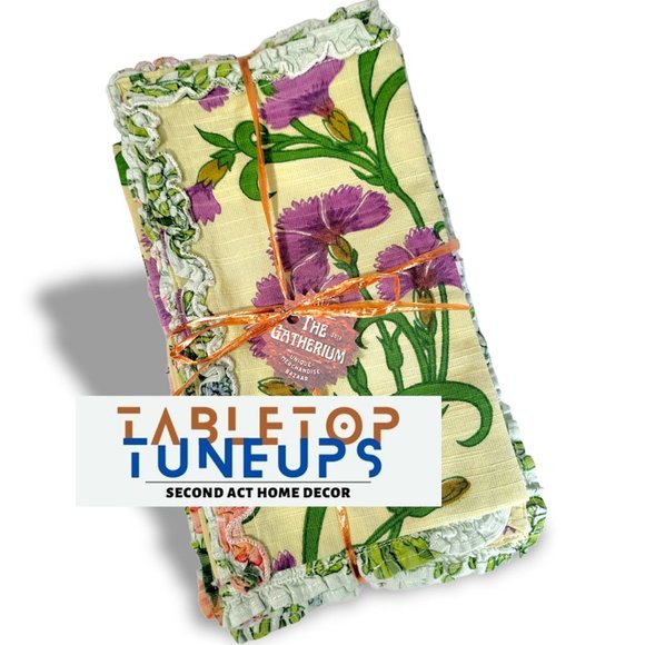 Dining Cloth Napkins Set (4) Floral Iris and Leaves Thick Ruffle Edge Unique - Picture 8 of 8